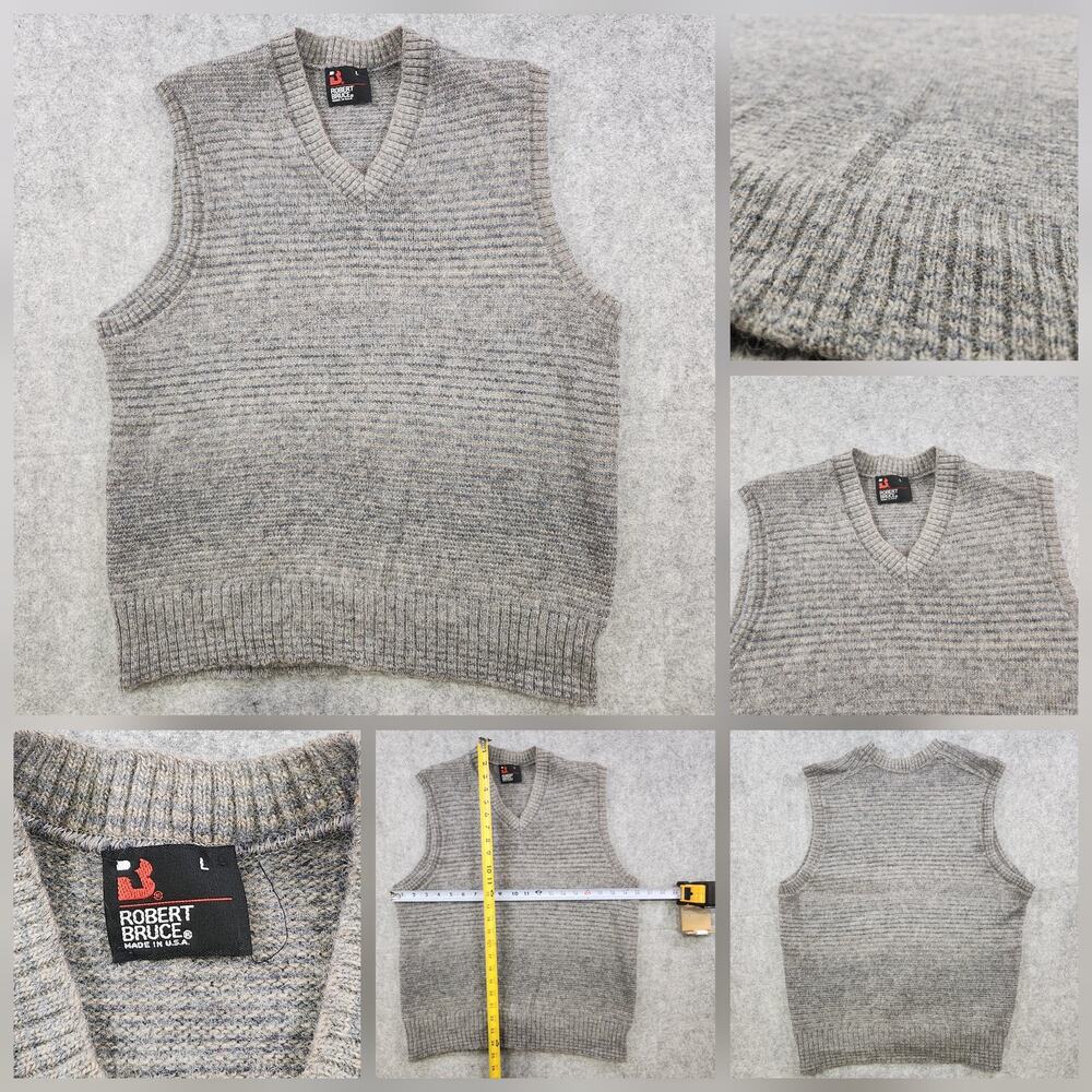 VTG Robert Bruce Sweater Vest Mens Large Heather Gray V Neck Knit Made in USA